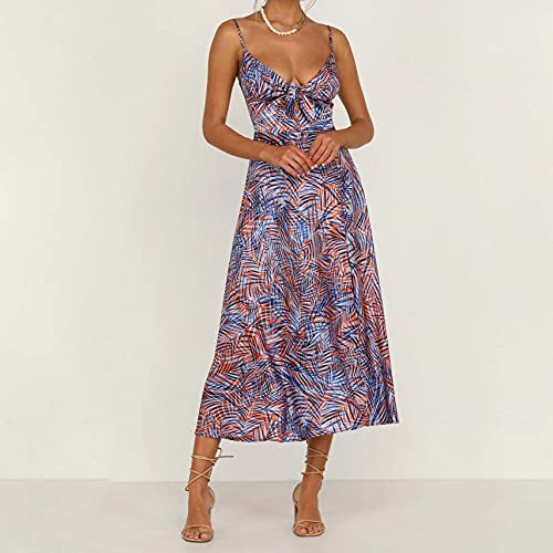 Image of Fashionme Women Spaghetti Strap Midi Satin Dresses Tie Front Backless Slit Cutout Dress Semi-Formal /Casual Flowy Lightweight
