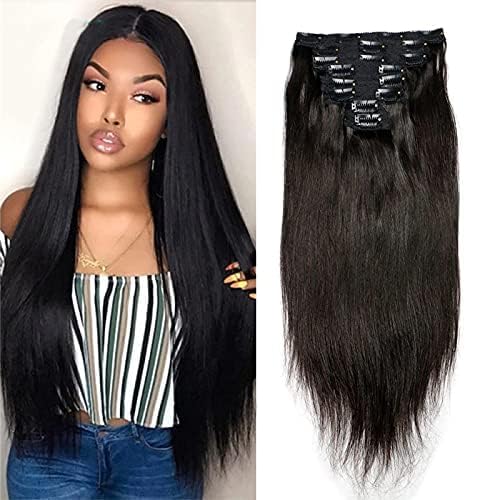 30inch Long Brazilian Clip in Human Hair Extension Silky Straight Clips on Hair Weft Full Head Clip in Hair Extension For Black Women 100-150g (22inch 100grams, #4(Dark Brown))