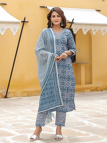 Image of GoSriKi Women's Cotton Blend Straight Printed Kurta with Pant & Dupatta