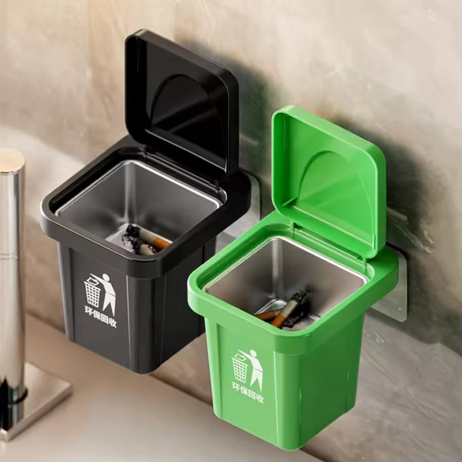 VIVITO Wall-Mounted Stainless Steel Ashtray with Lid | Indoor Outdoor Cigarette Bin | Space-Saving Hygienic Smoking Box for Home, Office, Hotel, Café & Public Spaces (MultiColor, Pack of 2) 2