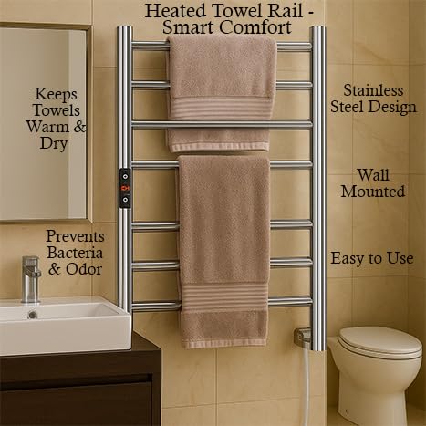 Image of MORZZE MTW-8050 Electric Towel Warmer 8 Bar 80W | SUS 304 Stainless Steel Heated Towel Rack | Wall Mounted Bathroom Towel Dryer | Adjustable 30-60C Temperature & 1-8H Timer | 230V