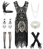 Women 1920S V Neck Sequined Beaded Gatsby Flapper Dress with 20s Accessories Set (XXL, Style Flora Black Gold)