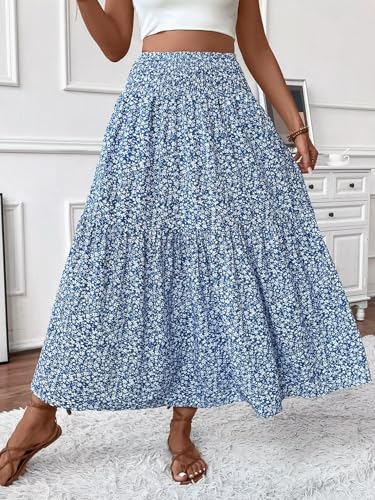 Women's Boho Floral Maxi Skirts 2025 Casual Flowy Swing Pleated A Line Weekend Beach Long Skirt4