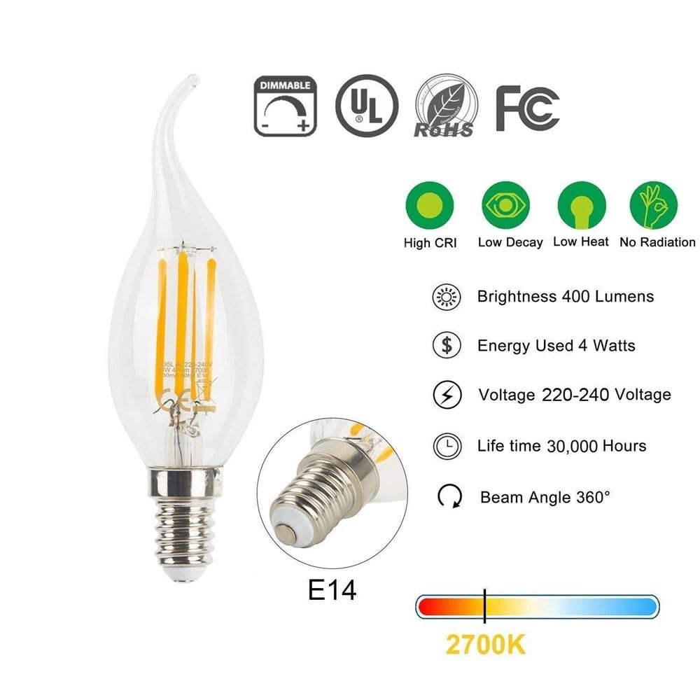 Fengyan Casa Lampadine, Confezione da 20, Lampadine a Candela con Filamento LED C35T AC220V E14 2W/4W/6W 2700K Sorgente Luminosa in Cristallo for Interni Domestico Lampada(6W Warm White)