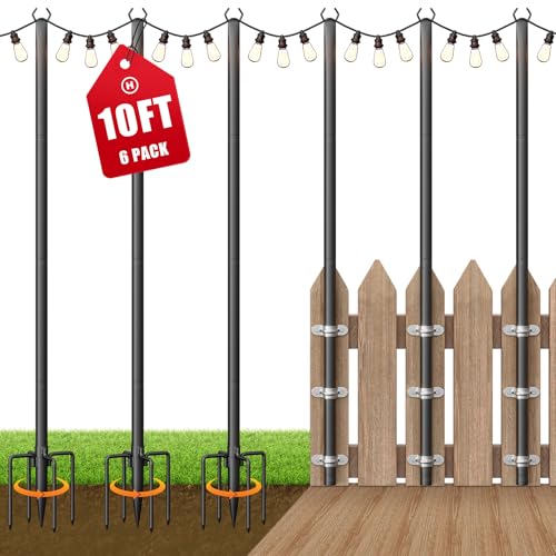6 Pack String Light Poles for Outside, 10Ft Adjustable Outdoor Light Poles for String Lights, Outdoor Lighting Stand with Fork for Patio, Deck, Backyard, Garden, Party & Wedding