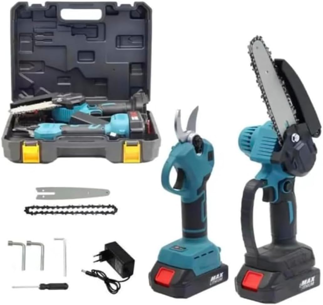 Mini Motosega a Batteria con Forbici da Potatura Elettriche, Kit Potatura Professionale con 2 Batterie, Caricatore e Valigetta, Sega Elettrica Portatile per Giardino, Alberi, Rami, Taglio Legno