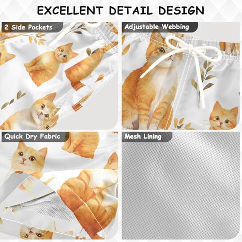 Pigsaly Boys' Swim Board Shorts Watercolor Leaves Cute Yellow Cat Boy's Swim Trunks Kids Swimwear 3T3