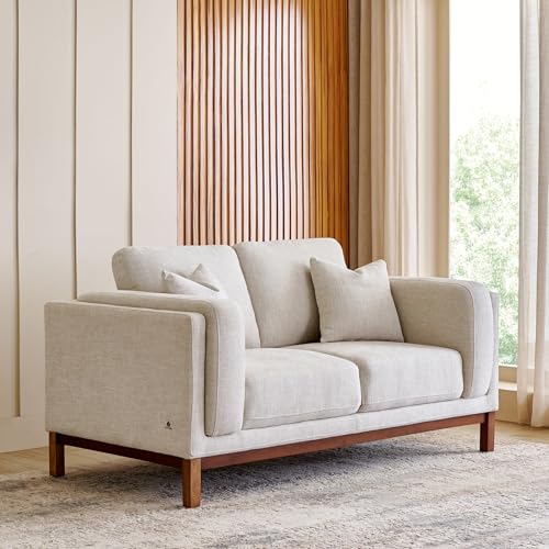 Image of Home Centre | Lansbury NXT Fabric 2-Seater Sofa with Cushions | Sofa for Living Room | Solid Wood | Beige | 1 Year Warranty