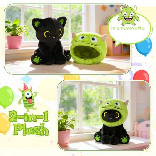 Image of Monster Cat Plush - 8 inch Black Cat Plush with Removable Green Monster Hood, Cute Plushies for Kids, Boys and Girls, Soft Cartoon Anime Stuffed Animal for Birthday Gift