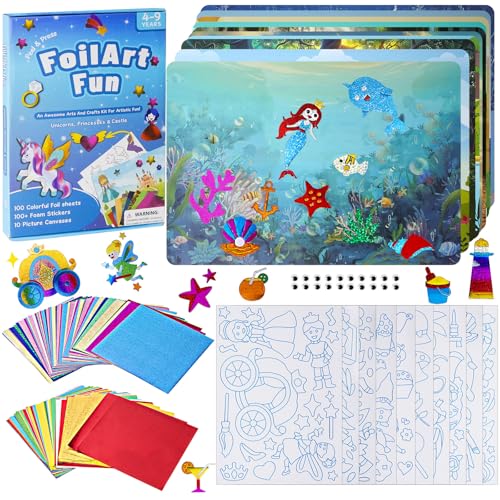 Set di lavoretti creativi con foglio di alluminio per bambini, adatto a bambini dai 4 anni in su - Adesivi 3D in EVA, 10 carte e motivi di sfondo, 150 fogli di alluminio, regali creativi per bambini