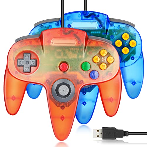 Image of USB N64 Controller, 2 Pack Wired USB Game Controller Gamepad for Windows PC MAC Raspberry Pi (Clear Blue + Clear Red)