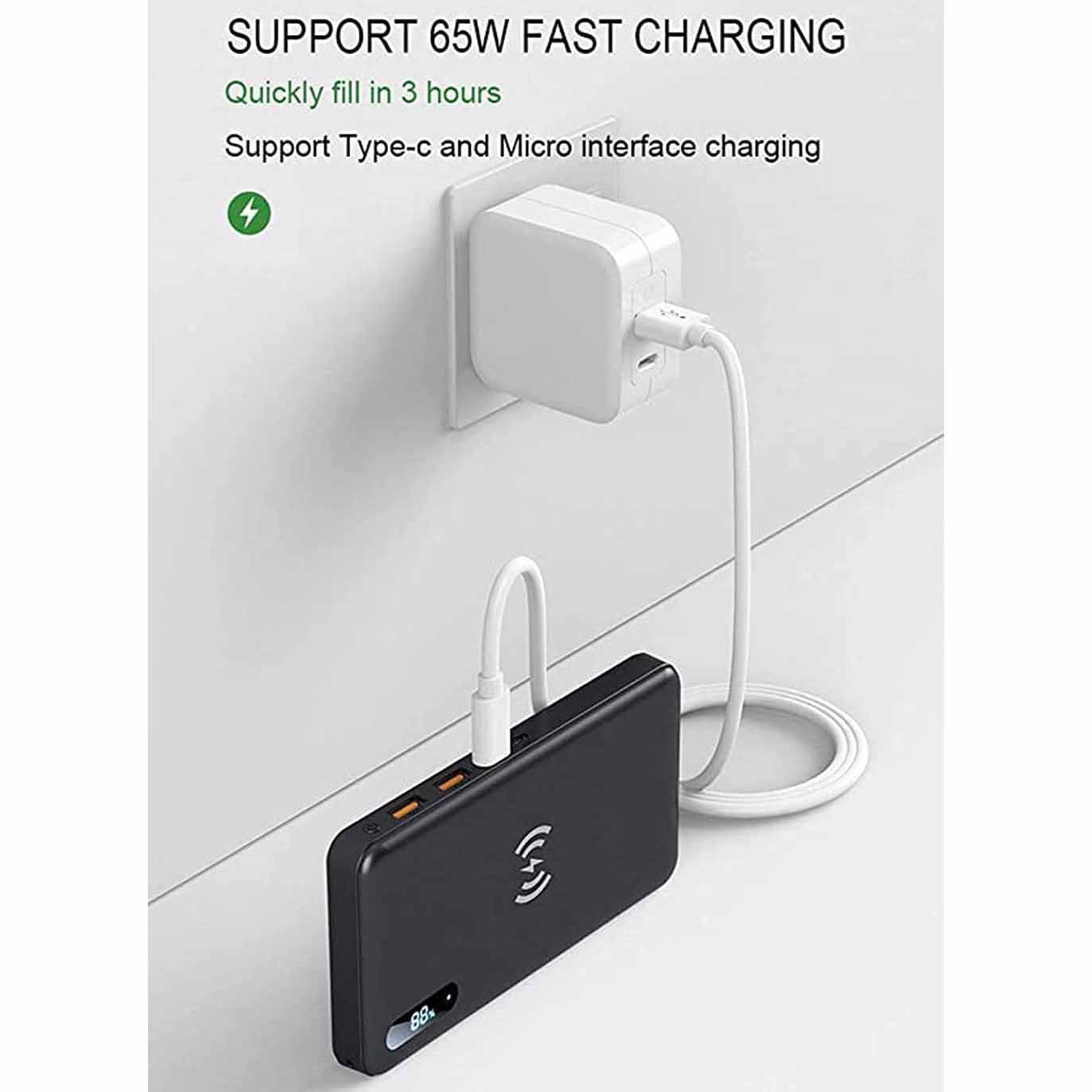 Caricabatterie portatile Power Bank Batteria esterna a ricarica rapida Power Bank wireless 50000Mah PD Caricatore portatile 65W/15W QC3.0/QC4.0/SCP Ricarica rapida con 2 ingressi e 3 uscite