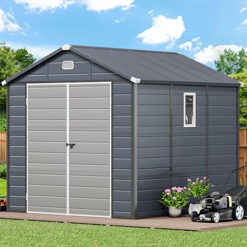 YITAHOME 8x9FT Resin Storage Unit sans Flooring, All-Weather Plastic Shed with Window, Vents and Secured Doors, Outdoor Plastic Tool Cabin for Poolside, Lawn, Backyard, Patio, Dark Gray Dark
