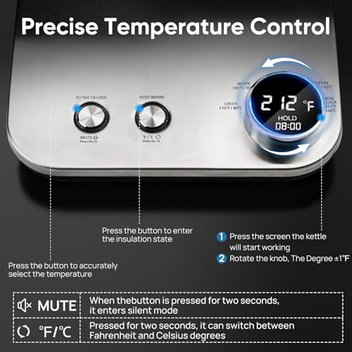 Image of COZII Electric Gooseneck Kettle, 5 Presets & ±1℉ Temperature Control 1000W /0.9L Quick Heating Water Boiler for Coffee /Tea, 24H Keep Warm, Auto Shut Off Pour Over Kettle with 50pcs Coffee Filter,Silver