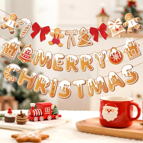 Image of Merry Christmas Banner Gingerbread Christmas Hanging Decoration 3PCS Gingerbread Theme Garland Banner for Holiday Home Office Fireplace Wall Decor Outdoor Indoor Xmas Party Banner