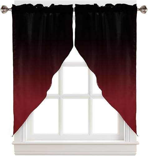 BEMIGO Cenefas con festón para ventanas, cortinas de ventana de cocina con bolsillo para cortinero negro y rojo, degradado de color degradado,