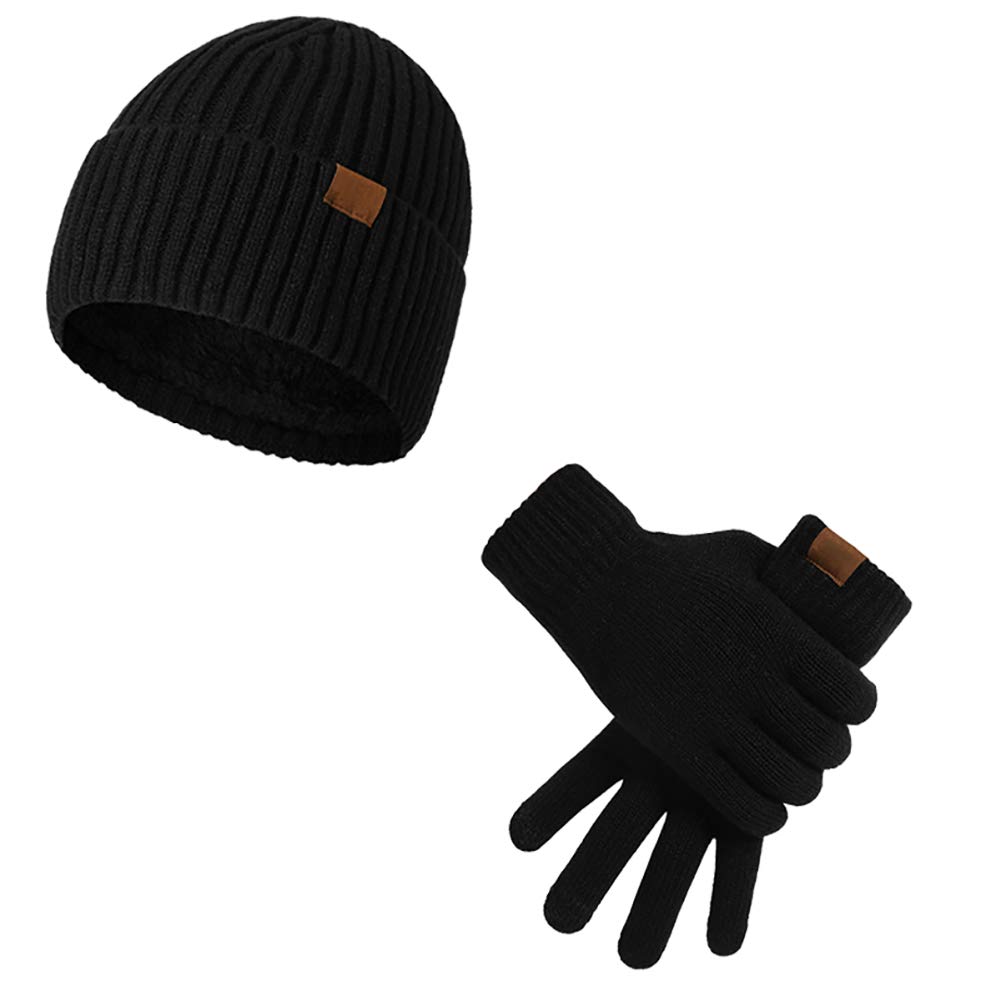 2 Pièces pour des Hommes Ensemble Bonnet Et Gants d'hiver Thermique Doublure en Polaire Maille Côtelée, Gants pour Écran Tactile Chapeaux De Luge pour Temps Froid (Noir, Rouge, Gris, Marine, Café)
