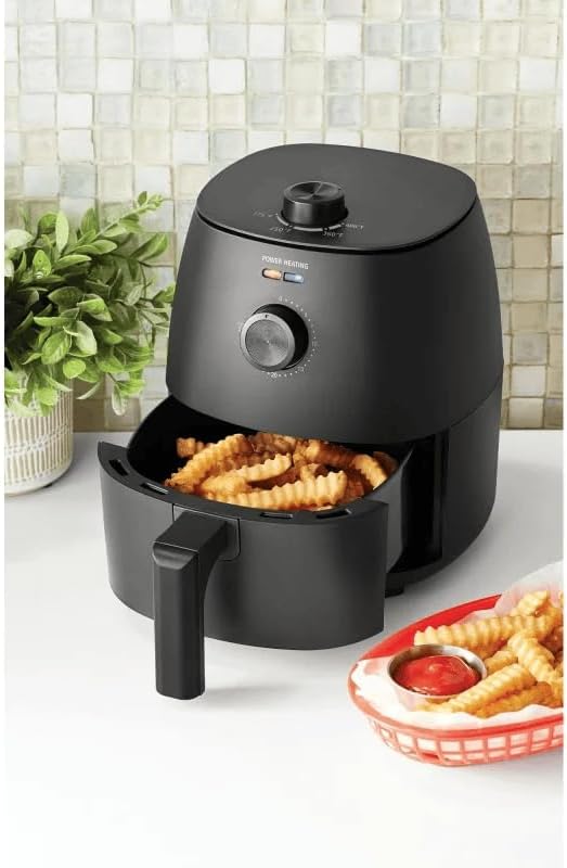 Mainstays 2.2 Quart Air Fryer with basket pulled out, filled with food