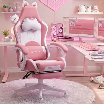 Dowinx Cadeira de jogos fofa com orelhas de gato e suporte lombar de massagem, cadeira ergonômica de computador para meninas com apoio para os pés e encosto de cabeça, cadeira de jogo reclinável