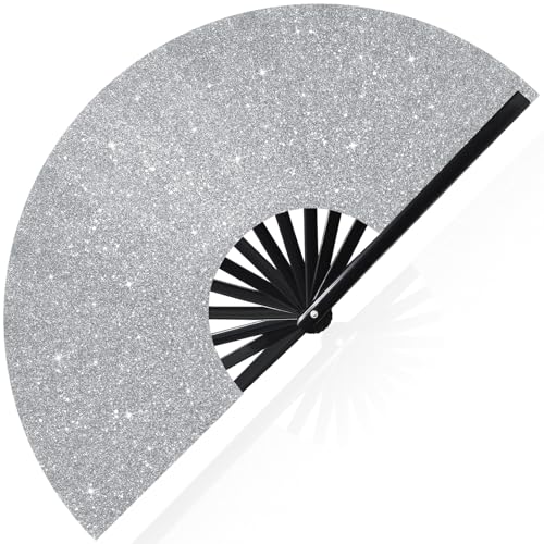 Image of Vercraft 13'' Large Rave Fan for Women Rave Accessories Festival Outfits Glitter Hand Folding Clack Fan for Line Dancing EDM Music Festival Outfits(Silver)