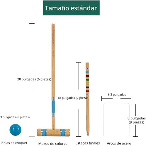 Miniatura 4 de ApudArmis Juego de Croquet para Seis Jugadores con Mazos de Madera de Goma Premium de 28 Pulgadas, Pelota de Colores, Arcos, Estacas – Juego