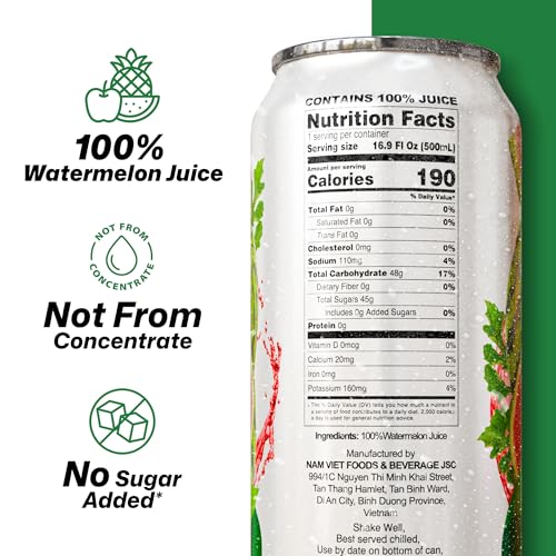 Image of VINUT 100% Watermelon Juice, No Added Sugar, Not From Concentrate, 16.9 fl oz (500 mL) Can, Pack of 6