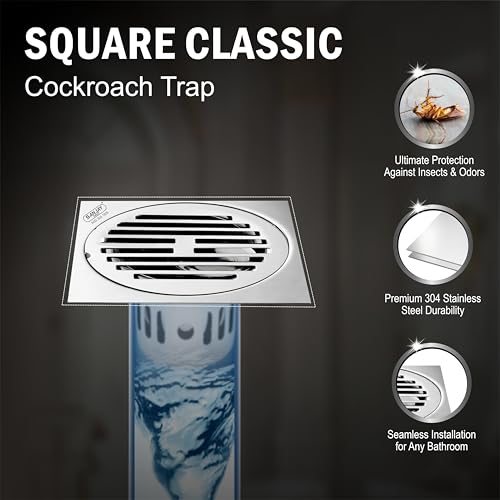 Image of Floor Drain with Cockroach Trap Cover Jali Stainless Steel 304 Grade Bathroom Gratings Waste Water Drainer Strainer Washbasin Sink Bathtub Toilet Anti Odor (Square Classic 6x6 INCH)