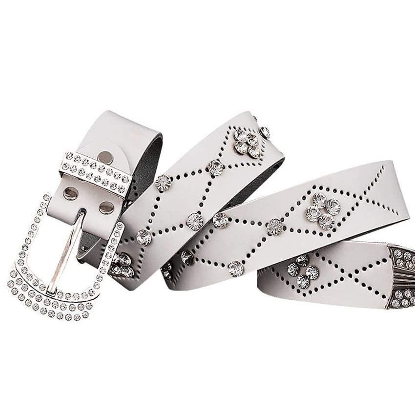 Men Women Rhinestone Belt with Buckle Cow Skin Leather Men Belts Unisex Waist Girdle for Jeans4