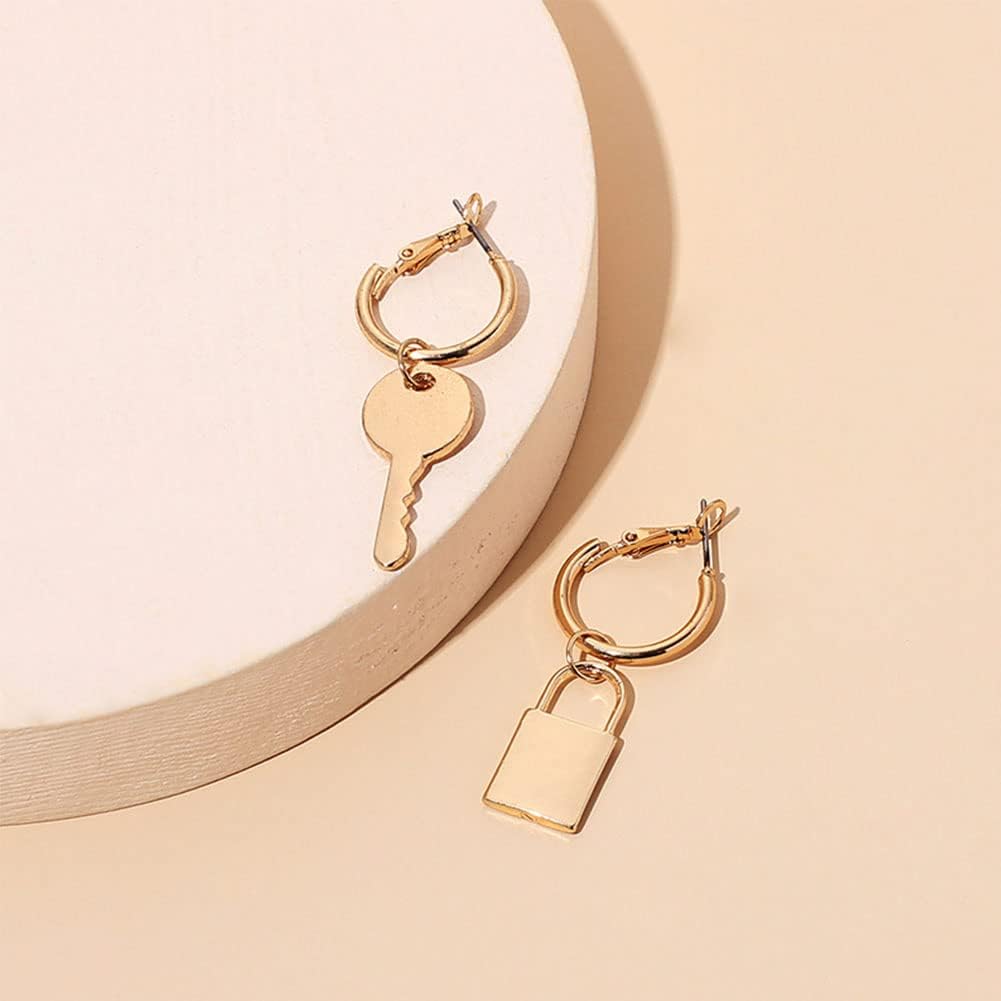Key Lock Dangle Hoop Earrings Simple Gold Silver Plated Big Round Circle Drop Stud Earrings for Women Girls - Image 4
