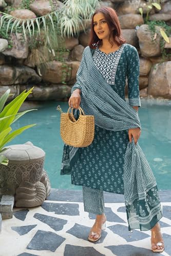 Image of MIRCHI FASHION Pure Cotton Women Straight Batik Print & Mirror Work Kurti Set with Dupatta and Pant