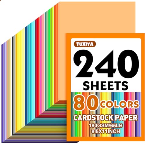 240 Sheets 8.5 X 11 Colored Cardstock 80 Assorted Colors 180 GSM/65 LB Construction Paper Card Stock Printer Paper for Printing Card Making DIY Crafts Kids School Supplies Party Decorations