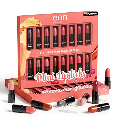 Image of ENN Beauty Mini Velvet Lipstick Set (16 Shades) + pH Magic Stick - Long-Lasting, Ghee & Natural Oil Infused, Velvet Finish, Waterproof & Travel-Friendly Lipstick Combo for Women | 16 Different Shades