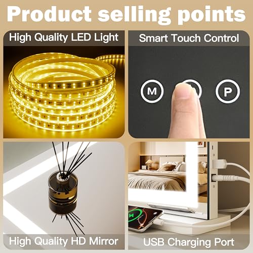 Image of ROLOVE Large Vanity Mirror with Lights 35.5 inch x 27 inch, LED Hollywood Makeup Mirror with USB Charging Port, 3 Color Modes, Dimmable Touch Control, 10X Magnification, Wall Mounted or Tabletop