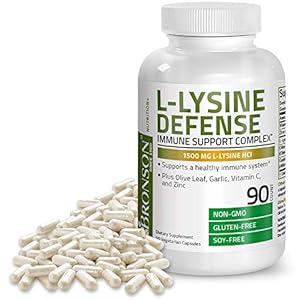 Bronson L-Lysine Defense Immune Support Complex 1500 MG L-Lysine Plus Olive Leaf, Garlic, Vitamin C and Zinc – Non-GMO, 90 Vegetarian Capsules