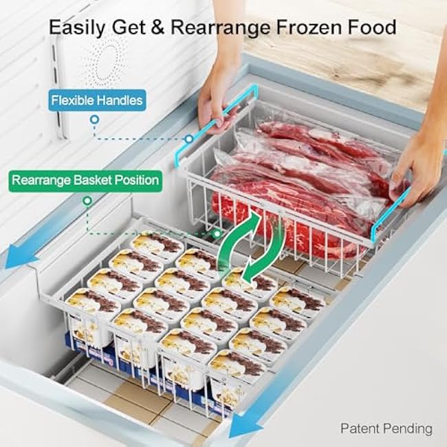 iSPECLE Chest Freezer Organizer - 2 Pack Hanging Freezer Organizer Bins with Expandable Handle for 10 to 20 Cu.Ft, Sort and Easy Slide to Get Bottom Frozen Food, Sturdy Baskets, White
