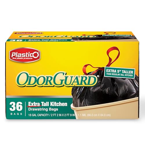 Plastico Extra Tall Kitchen Trash Bags - 18 Gallon, Black, 36 Garbage Bags, Extra Strong, Easy Drawstrings - Odor Guard Control, Unscented, 1.1 Mil Thick Plastic