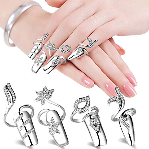 4 Pcs Rhinestone Finger Tip Nail Ring Adjustable Opening Nail Art Charms Accessories Silver Women's Fashion Protecting Fingernail #TOP2
