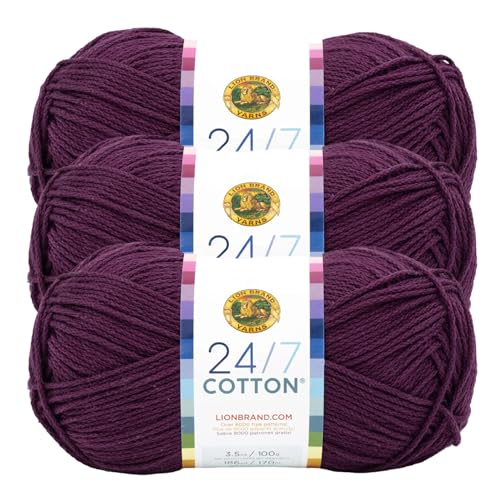 Image of Lion Brand Yarn, 24 /7 Cotton Yarn, Eggplant, Purple, 3 Pack | Light Worsted 100% Mercerized Cotton Yarn for Crochet, Knitting, Craft, 185 Yards of Natural Fiber for Tees, Bags, Dishcloths