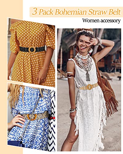 Hercicy 3 Pcs Rattan Straw Woven Belt Bohemian Waist Rope Braid Belts for Women, Trendy Boho Ladies Skinny Dress Belt Multicolor4