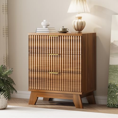 Image of Xixini Fluted Dresser for Bedroom with 3 Drawers, 24 inch Wide Modern Chest of Drawers with Metal Handle, Wooden Dresser TV Stand, Wood Closet Clothes Storage Organizer for Living Room, Hallway, Walnut
