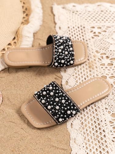 Image of GORGLITTER Girl's Pearls Dress Flat Sandals Glitter Rhinestone Summer Open Toe Teens Slides
