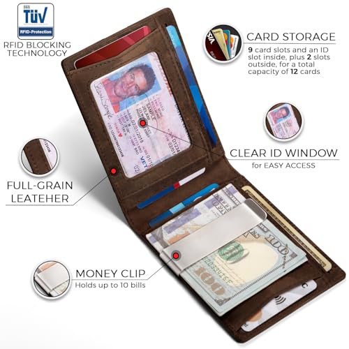 Image of Zitahli Genuine Leather Wallet for Men 12 Card Slim Mens Wallets Bifold RFID Blocking with Money Clip & ID Window Thin Minimalist Card Holder Wallet with Gift Box