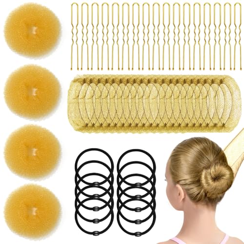 YINGFENG 134 Pcs Gold Hair Bun Maker Kit for Kids Small - 4 Hair Donuts for Buns 20 Hair Nets for Buns 100 U Shaped Bobby Pins 10 Hair Bands for Girls Ballet Dance Hair Accessories for Women