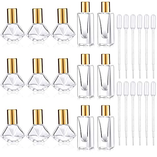 6 Pieces 8 ml DIY Travel Essential Oil Roller Bottle Rectangle and 6 Pieces 6 ml Polygonal Clear Glass Cosmetic Containers with 12 Dropper for Essential Oils Perfumes Aromatherapy, Roll on Bottles