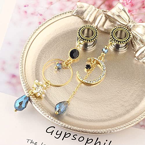 16pcs Crystal Dangle Plugs Ear Tunnels Gauges Pendant Moon Star Stainless Steel Screw Silicone Rhinestone Body Piercings Stretcher Set4