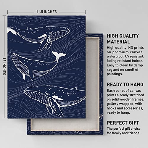 Beach Theme Canvas Wall Art, Navy Blue Whale, Sea Nautical Artwork Print Wall Decor Framed, Coastal Ocean Paintings Wall Decorations For Home Bathroom, Ready To Hang 12"X15" #TOP1
