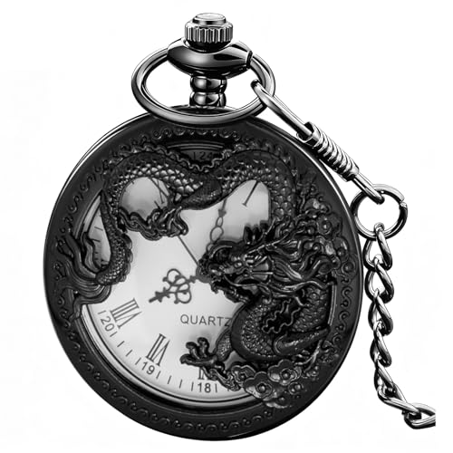 Image of Dragon Design Quartz Pocket Watch Roman Numerals with Chain Birthdays Gifts for Father's Days