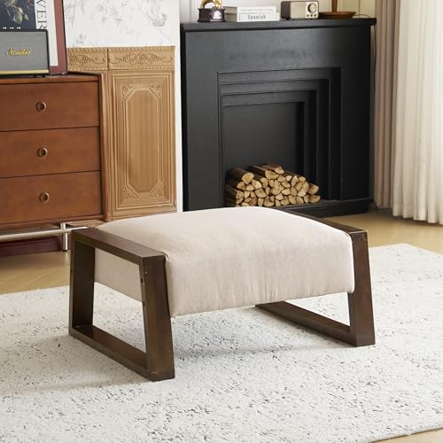 Christopher Knight Home Neapo Upholstered Ottoman, Small Footrest Chair, Solid Wood Frame Ottoman, Armless Chair, Low Height Footstool for Home Decor Entryway Hall Bedroom Living Room15.74 H, Beige