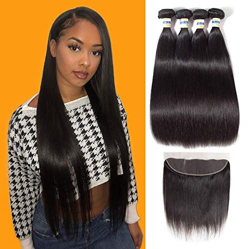 CCOLLEGE 8A Brazilian Virgin Human Hair 4 Bundles With (13 x 4) Lace Frontal Straight Wave Weft 100% Real Human Hair Extensions Natural Color (20 22 24 26 + 18)