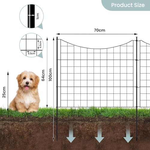WOLTU Teichzaun Gartenzaun Komplettset, 10 Zaunelemente 11 Befestigungsstäbe, Steckzaun Metall, Gitterzaun Unterbogen, Zaun für Hunde, Schwarz